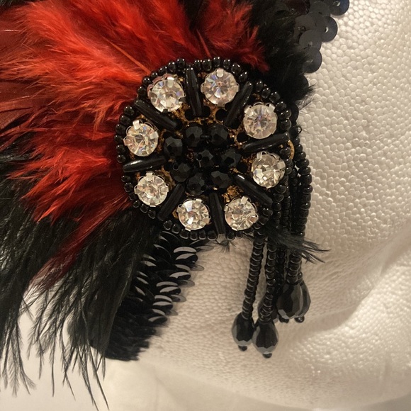 Red and Black Feathered, Beaded, Sequin Headband - Picture 2 of 6